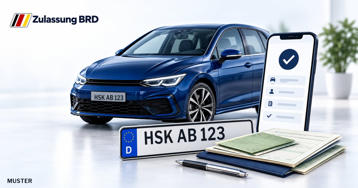 Online Fahrzeugzulassung in Arnsberg: Musterkennzeichen HSK AB 123, Auto und Fahrzeugpapiere und Smartphone. Illustration mit Logo von Zulassung BRD.